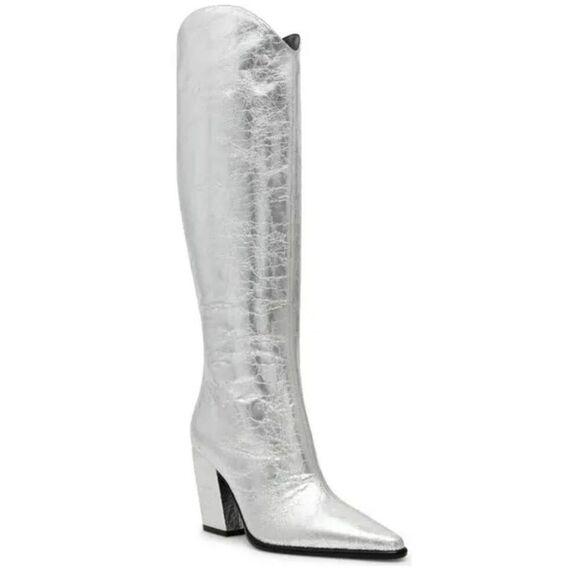 Steve Madden Silver Pointed Toe Size 6.5 Block Heel Knee High Boots NEW